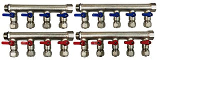 9 Loops Plumbing Manifolds w/ 1" trunk & 1/2" Pex Ball Valves, Red and Blue Handles