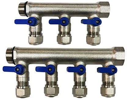 7 Loop Plumbing Manifold w/ 3/4" trunk & 1/2" pex ball valves, blue handle