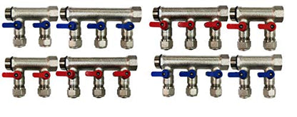 10-Loop/Port Ball Valve Brass Pex Manifold (1" trunk) for 1/2" Pex Tubing w/brackets