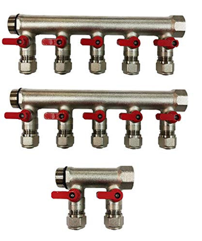 12 Loop Plumbing Manifold w/ 3/4" trunk & 1/2" pex ball valves, red handle