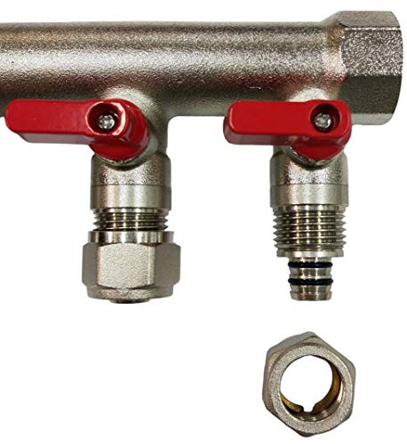 2 Loop Plumbing Manifold w/ 1" trunk & 1/2" pex ball valves, blue handle