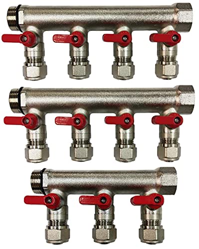 11 Loop Plumbing Manifold w/ 3/4" trunk & 1/2" pex ball valves, red handle