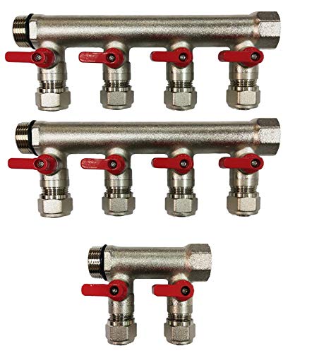 10 Loop Plumbing Manifold w/ 3/4" trunk & 1/2" pex ball valves, red handle